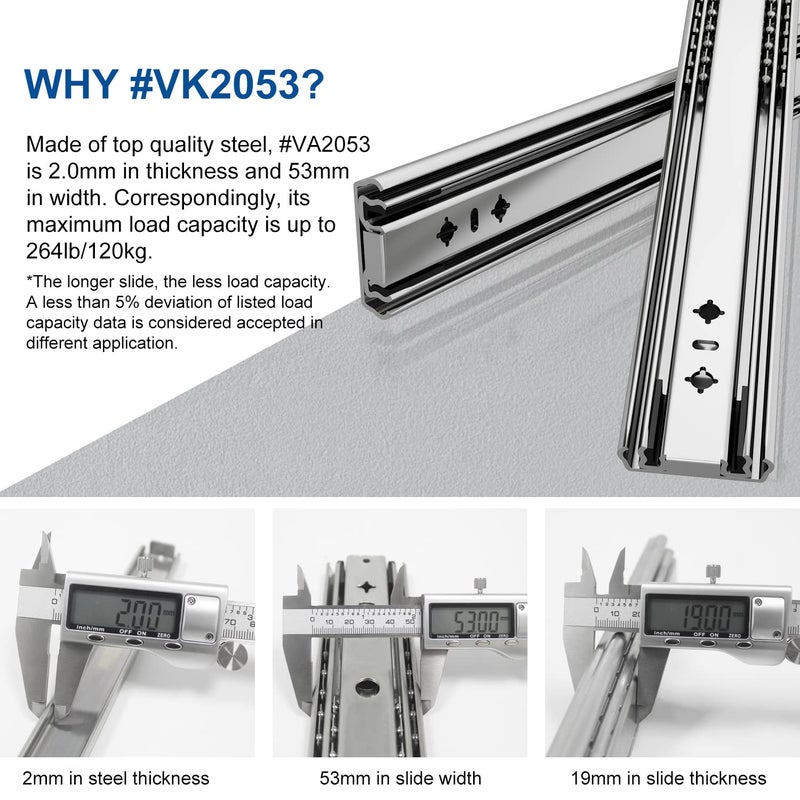 VADANIA 24" Soft Close Heavy Duty Drawer Slides, #VK2053, Up to 265lb Load Capacity, 3-Fold Full Extension, Ball Bearing, Side Mount, 1-Pair - Image 2